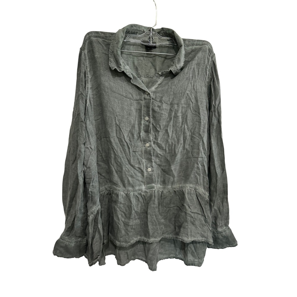 ANA A New Approach Green Peplum Long Sleeve Button Down Blouse Petite Large